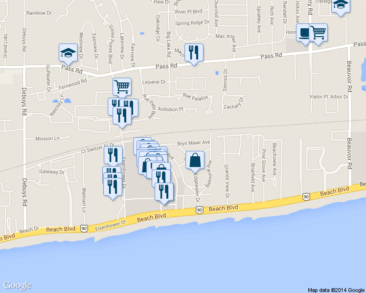 map of restaurants, bars, coffee shops, grocery stores, and more near 180 Edgewater Drive in Biloxi