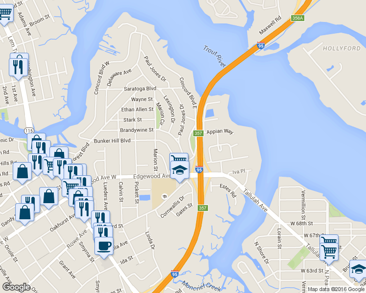 map of restaurants, bars, coffee shops, grocery stores, and more near 7931 Paul Jones Drive in Jacksonville