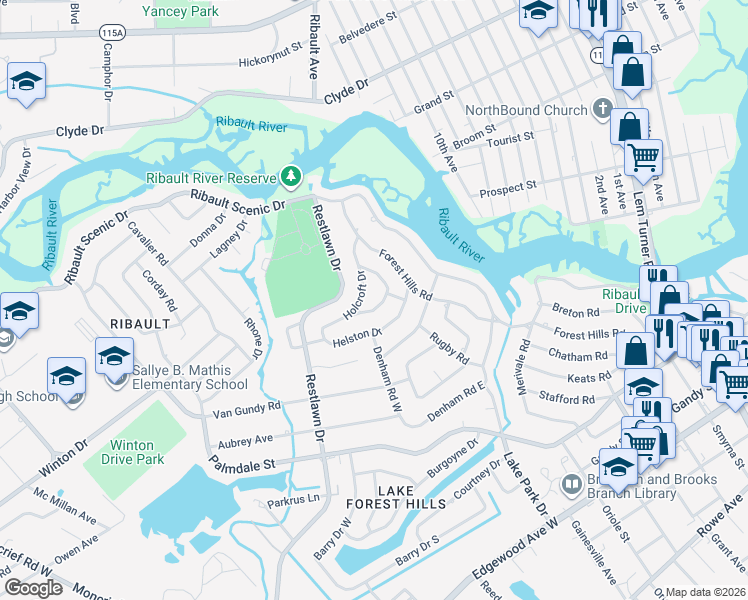 map of restaurants, bars, coffee shops, grocery stores, and more near 2122 Leger Circle in Jacksonville