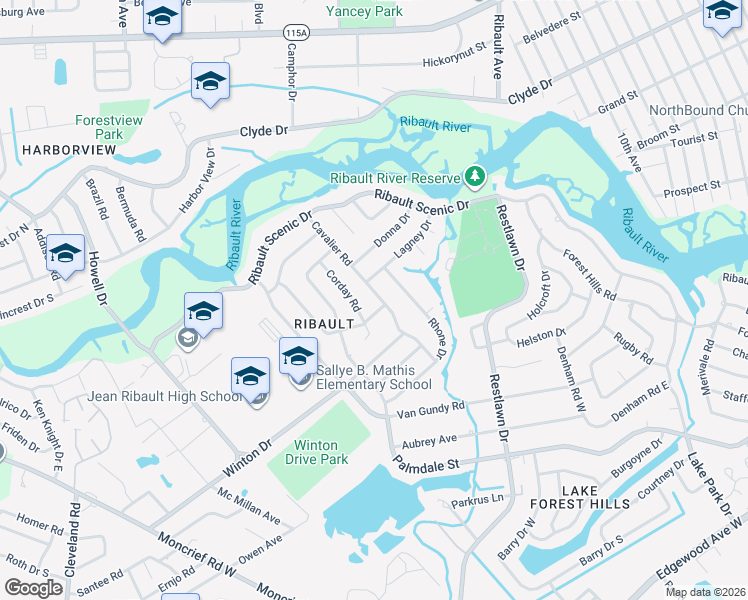 map of restaurants, bars, coffee shops, grocery stores, and more near 6741 Cavalier Road in Jacksonville