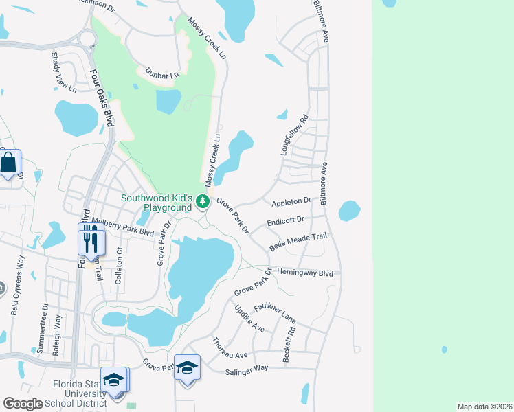 map of restaurants, bars, coffee shops, grocery stores, and more near 3793 Longfellow Road in Tallahassee