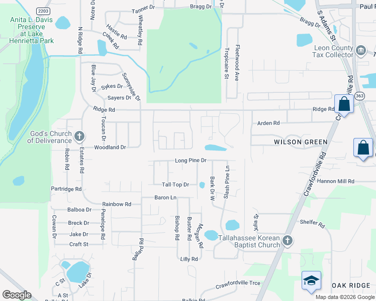 map of restaurants, bars, coffee shops, grocery stores, and more near 3551 Sundown Road in Tallahassee