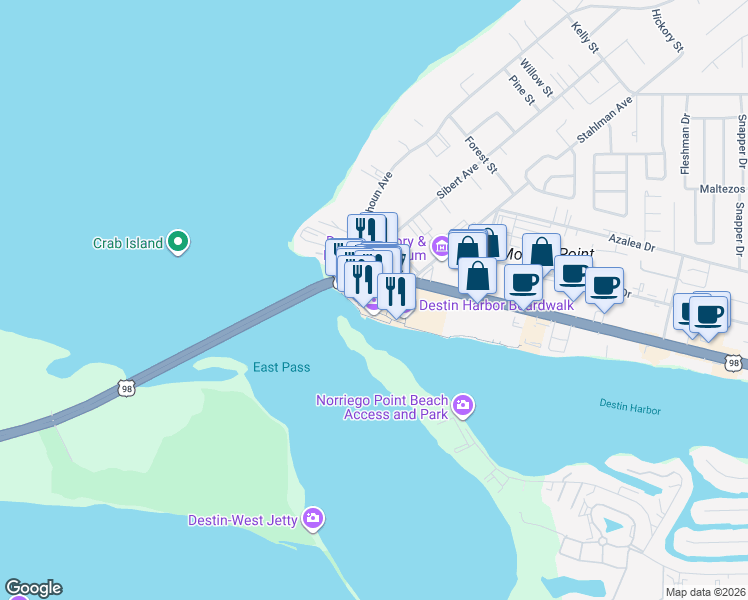 map of restaurants, bars, coffee shops, grocery stores, and more near 10 Harbor Boulevard in Destin