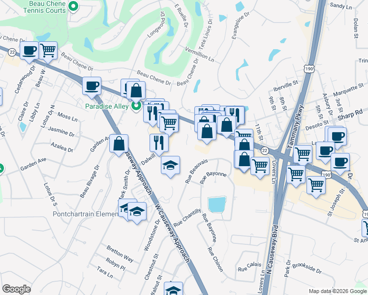 map of restaurants, bars, coffee shops, grocery stores, and more near 1342 Rue Beauvais in Mandeville