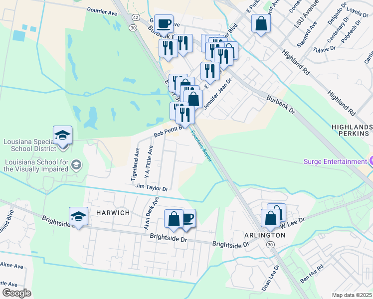 map of restaurants, bars, coffee shops, grocery stores, and more near 13 Earl Gros Avenue in Baton Rouge