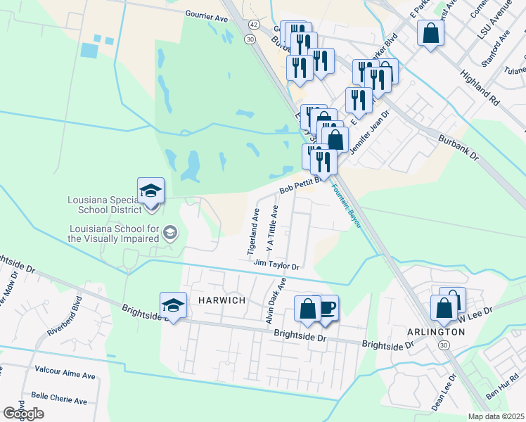 map of restaurants, bars, coffee shops, grocery stores, and more near 4518 Y A Tittle Avenue in Baton Rouge