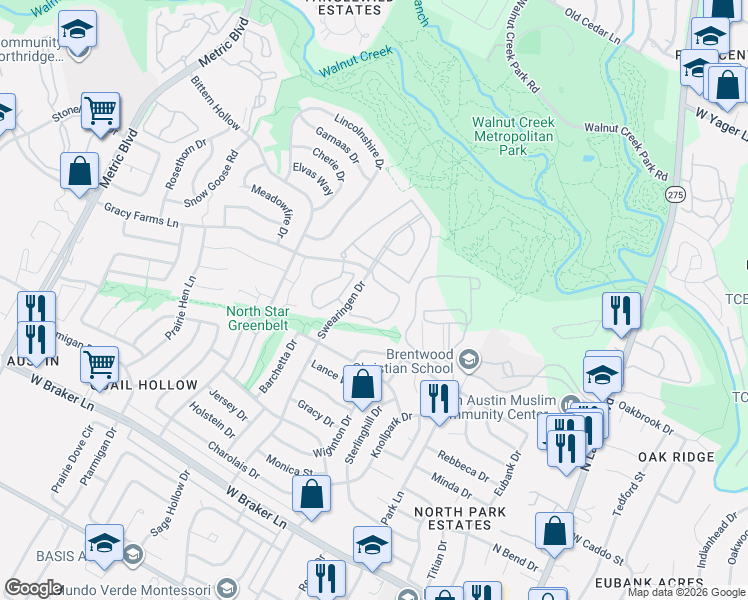 map of restaurants, bars, coffee shops, grocery stores, and more near 102 Swearingen Drive in Austin