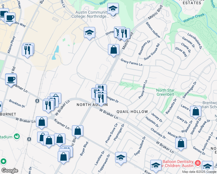 map of restaurants, bars, coffee shops, grocery stores, and more near 11511 Metric Boulevard in Austin