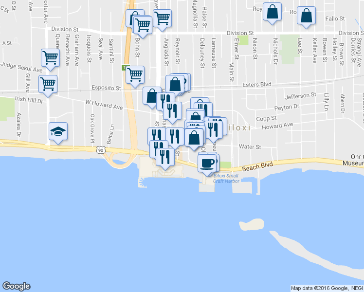 map of restaurants, bars, coffee shops, grocery stores, and more near 120 Reynoir St in Biloxi