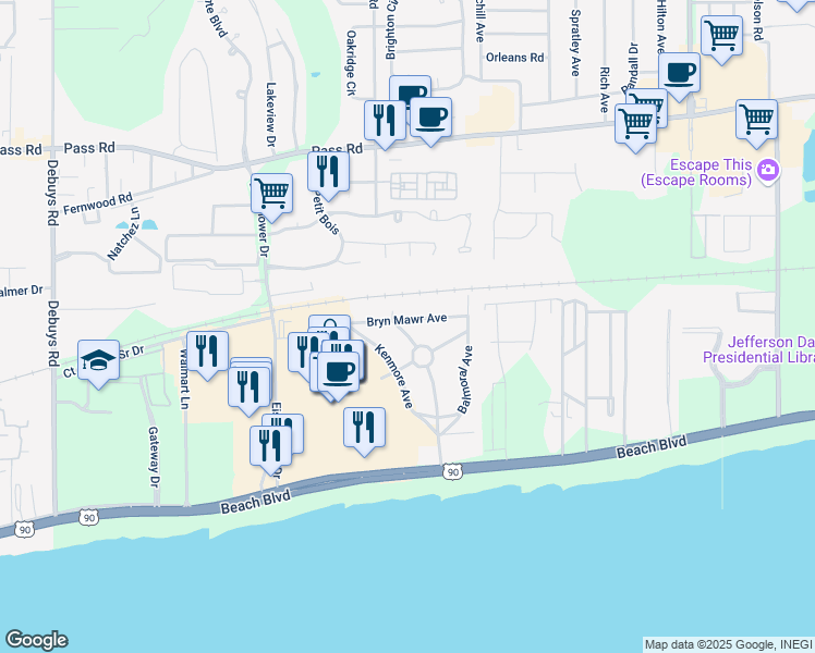 map of restaurants, bars, coffee shops, grocery stores, and more near 180 Edgewater Drive in Biloxi