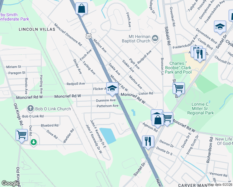 map of restaurants, bars, coffee shops, grocery stores, and more near 5505 Moncrief Road West in Jacksonville