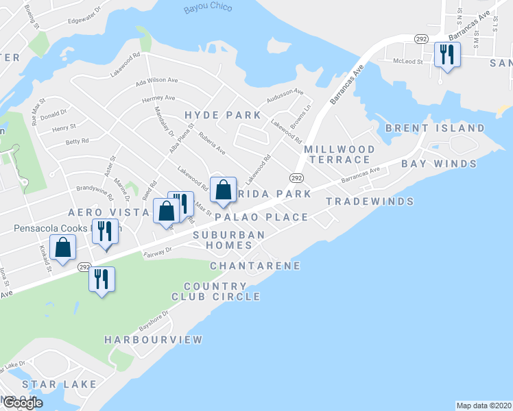 map of restaurants, bars, coffee shops, grocery stores, and more near 3384 Barrancas Avenue in Pensacola