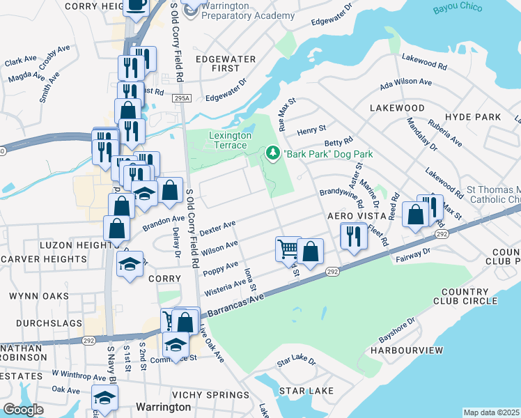 map of restaurants, bars, coffee shops, grocery stores, and more near 1306 Dexter Avenue in Pensacola