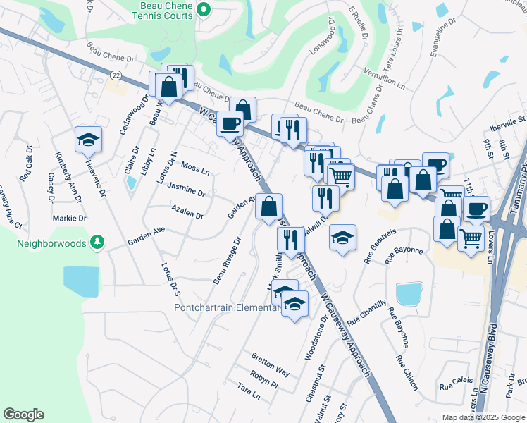map of restaurants, bars, coffee shops, grocery stores, and more near 1 Sanctuary Blvd in Mandeville