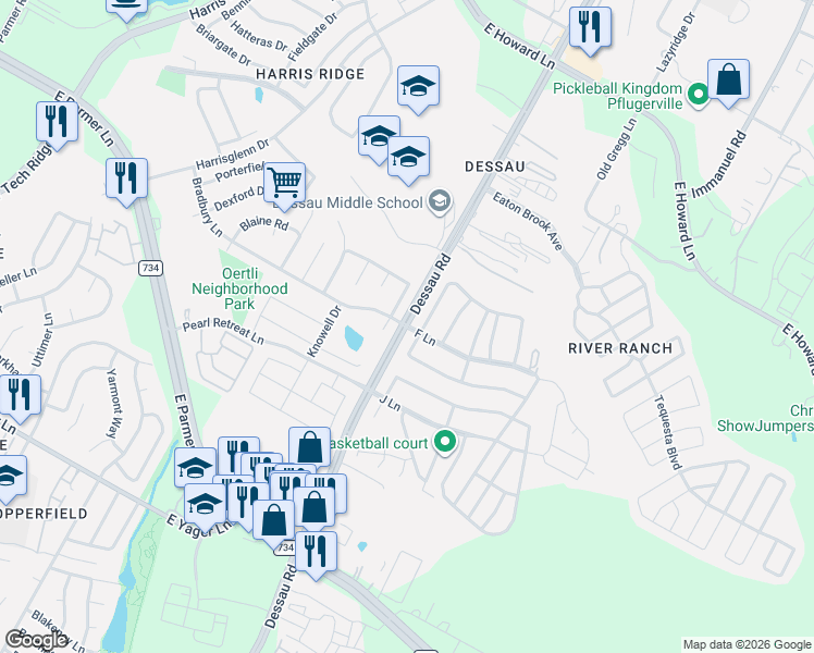 map of restaurants, bars, coffee shops, grocery stores, and more near 12435 Dessau Road in Austin