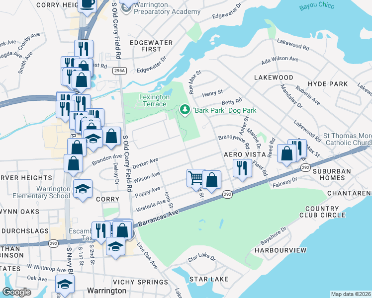 map of restaurants, bars, coffee shops, grocery stores, and more near 201 Kincaid Street in Pensacola