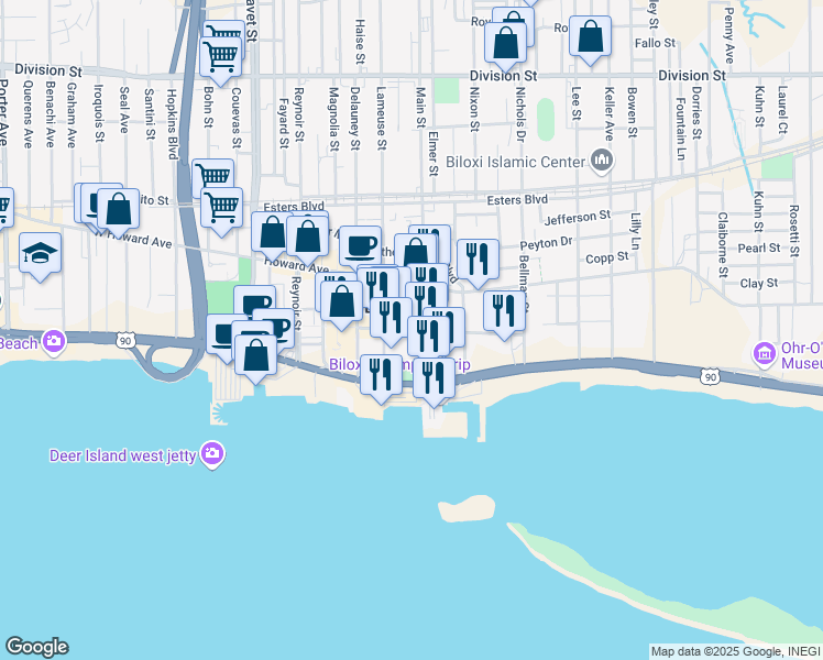 map of restaurants, bars, coffee shops, grocery stores, and more near Water Street in Biloxi