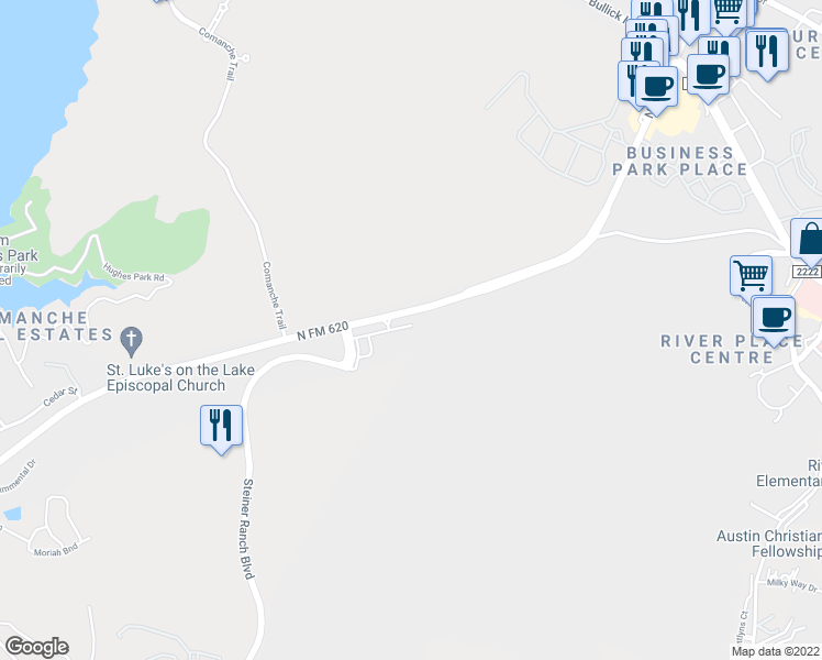 map of restaurants, bars, coffee shops, grocery stores, and more near 6111 North FM 620 in Austin