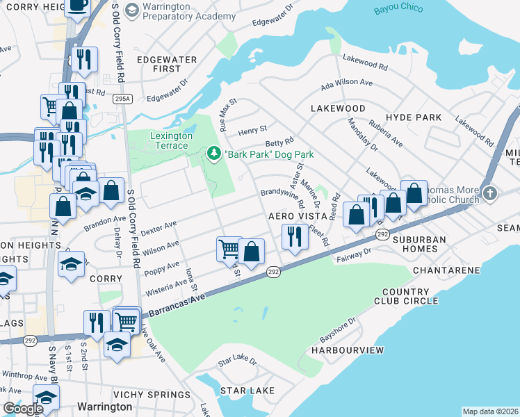 map of restaurants, bars, coffee shops, grocery stores, and more near 1202 Wilson Avenue in Pensacola