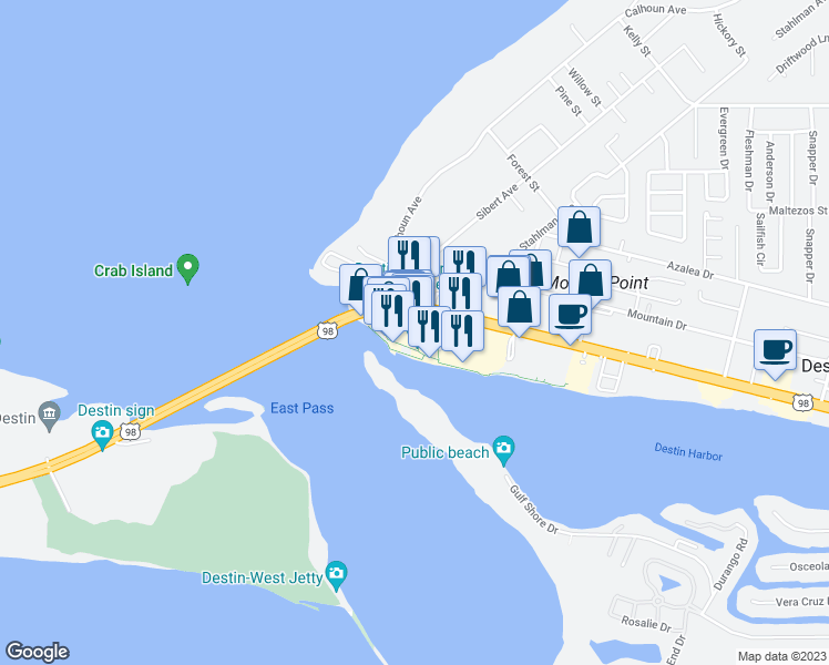 map of restaurants, bars, coffee shops, grocery stores, and more near 34 Harbor Boulevard in Destin