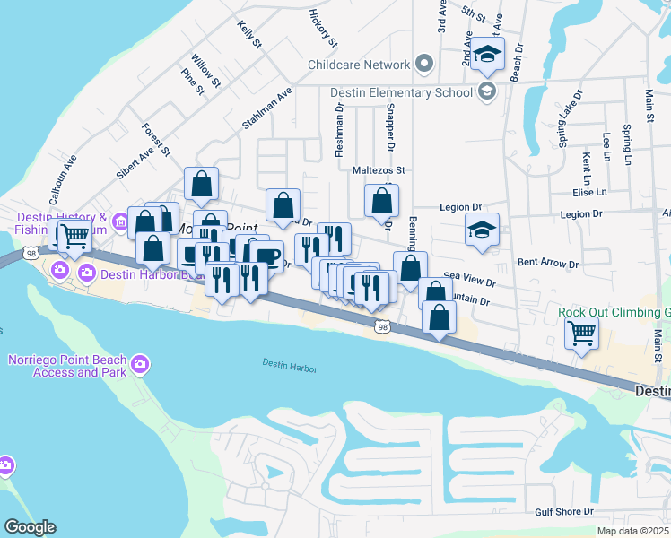 map of restaurants, bars, coffee shops, grocery stores, and more near 505 Mountain Drive in Destin