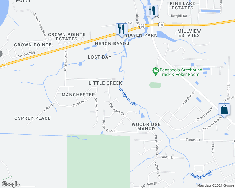 map of restaurants, bars, coffee shops, grocery stores, and more near 1202 Brook Bend Road in Pensacola