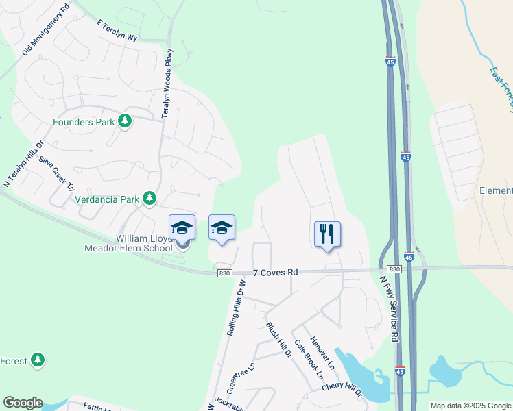 map of restaurants, bars, coffee shops, grocery stores, and more near 10563 Parkside Drive in Willis