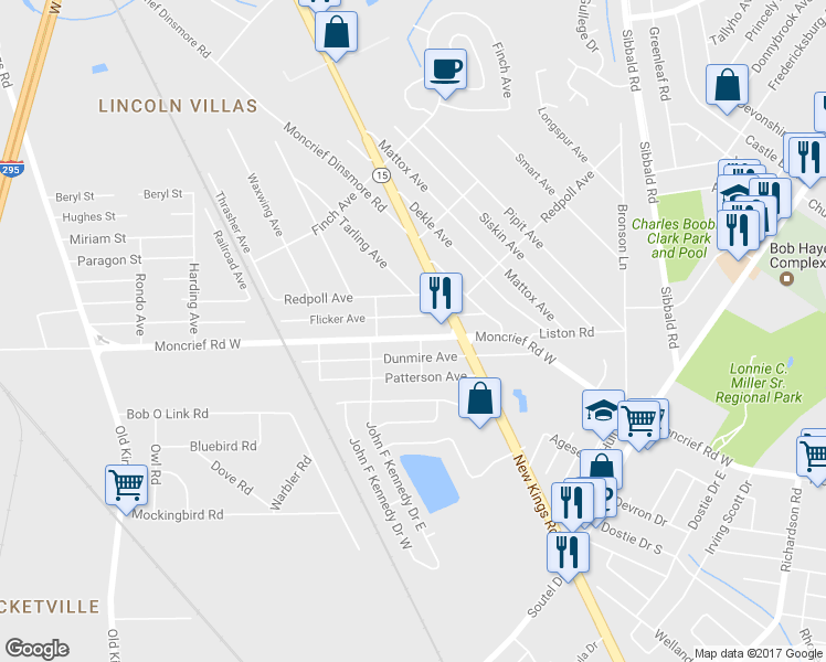map of restaurants, bars, coffee shops, grocery stores, and more near 5911 Moncrief Road West in Jacksonville