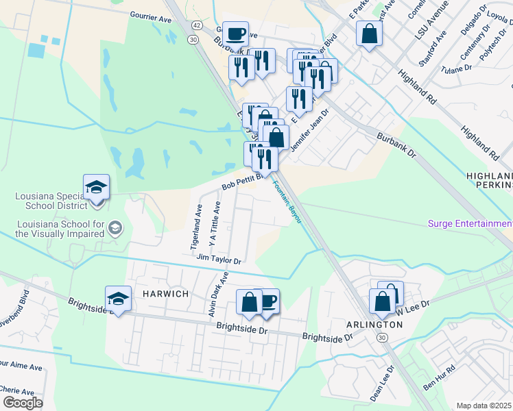 map of restaurants, bars, coffee shops, grocery stores, and more near 13 Earl Gros Avenue in Baton Rouge