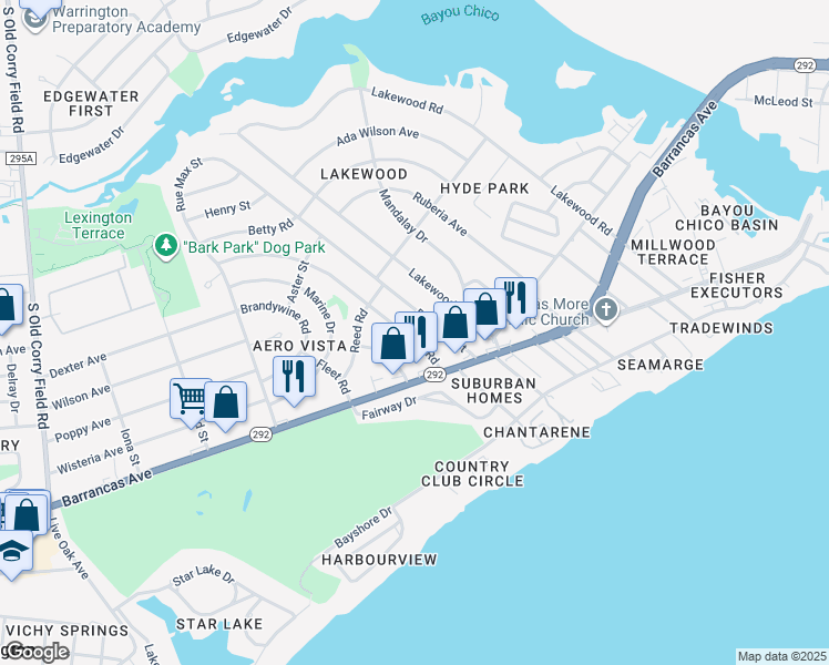 map of restaurants, bars, coffee shops, grocery stores, and more near 12 Milton Road in Pensacola