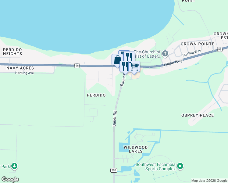 map of restaurants, bars, coffee shops, grocery stores, and more near 1100 Joaquin Road in Pensacola