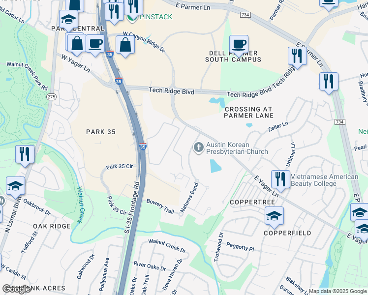 map of restaurants, bars, coffee shops, grocery stores, and more near 305 East Yager Lane in Austin
