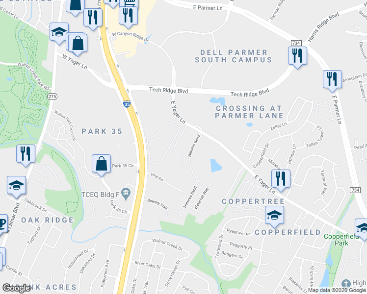map of restaurants, bars, coffee shops, grocery stores, and more near 305 East Yager Lane in Austin