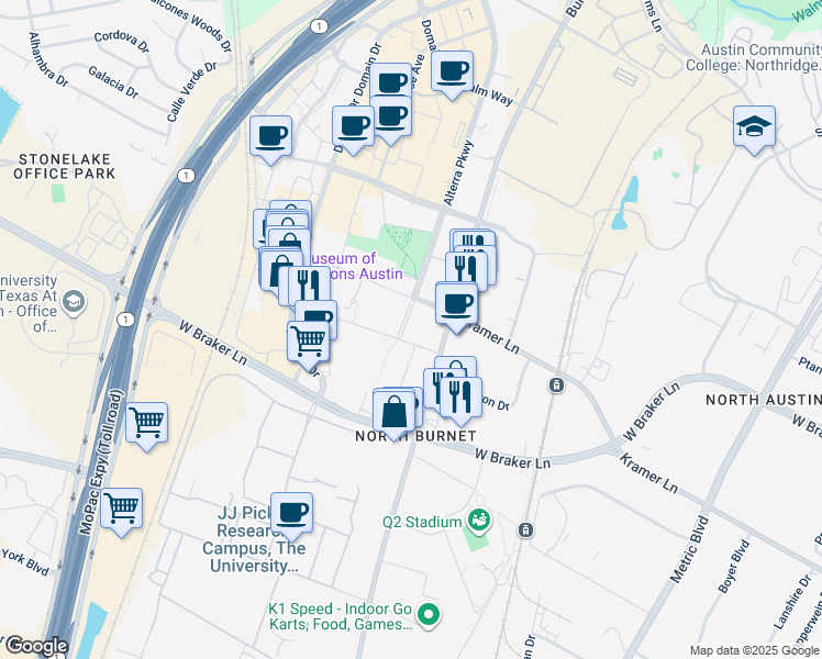 map of restaurants, bars, coffee shops, grocery stores, and more near Domain Parkway in Austin