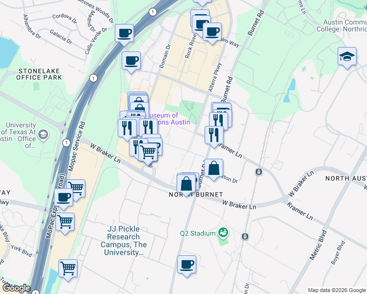 map of restaurants, bars, coffee shops, grocery stores, and more near 3214 West Braker Lane in Austin