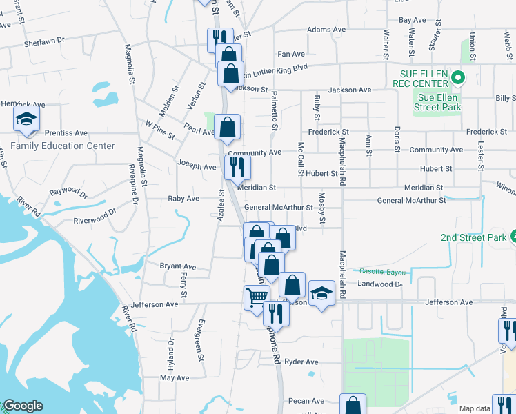 map of restaurants, bars, coffee shops, grocery stores, and more near 4506 General McArthur Street in Moss Point