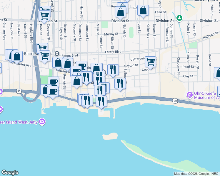 map of restaurants, bars, coffee shops, grocery stores, and more near 101-127 Dukate Street in Biloxi