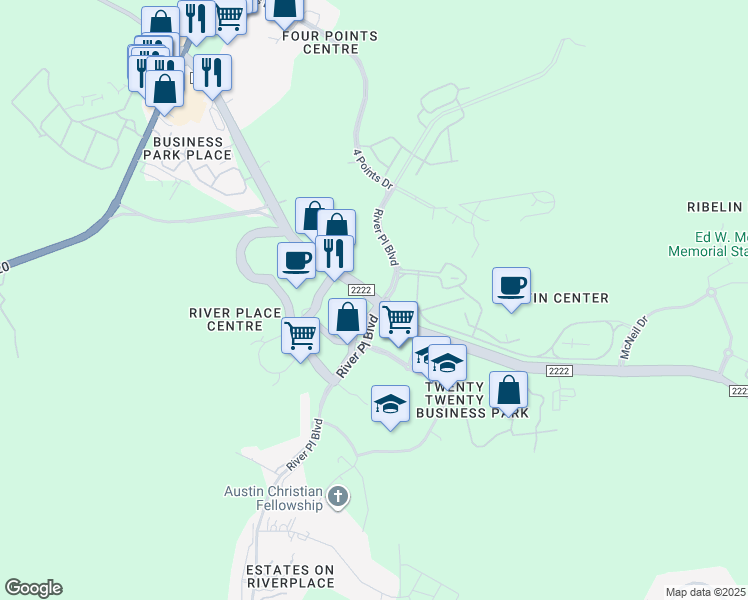 map of restaurants, bars, coffee shops, grocery stores, and more near 10819 Ranch Road 2222 in Austin