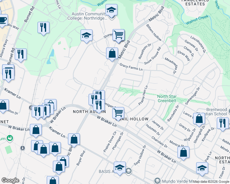 map of restaurants, bars, coffee shops, grocery stores, and more near 11614 Fruitwood Place in Austin
