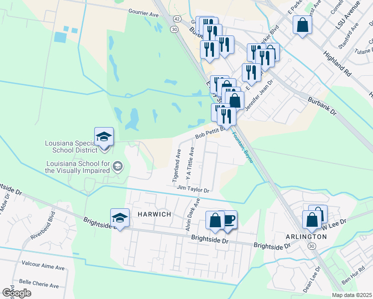 map of restaurants, bars, coffee shops, grocery stores, and more near 4518 Y A Tittle Avenue in Baton Rouge