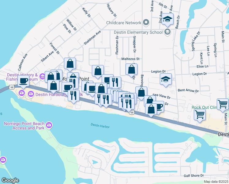 map of restaurants, bars, coffee shops, grocery stores, and more near 505 Mountain Drive in Destin
