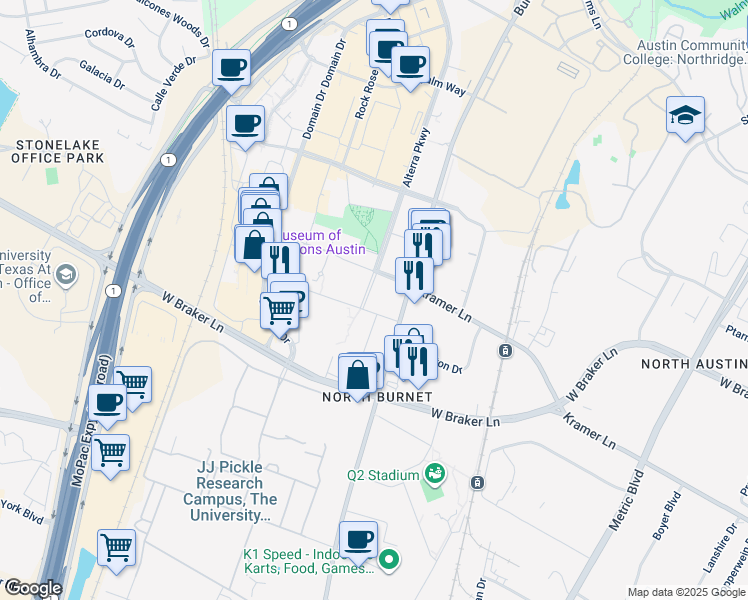 map of restaurants, bars, coffee shops, grocery stores, and more near 10025 Alterra Parkway in Austin