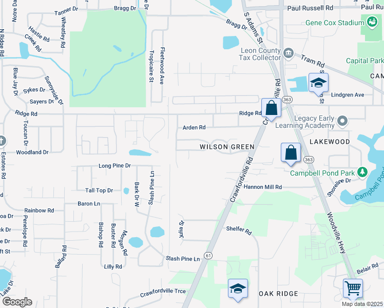 map of restaurants, bars, coffee shops, grocery stores, and more near 4251 Weatherby Court in Tallahassee