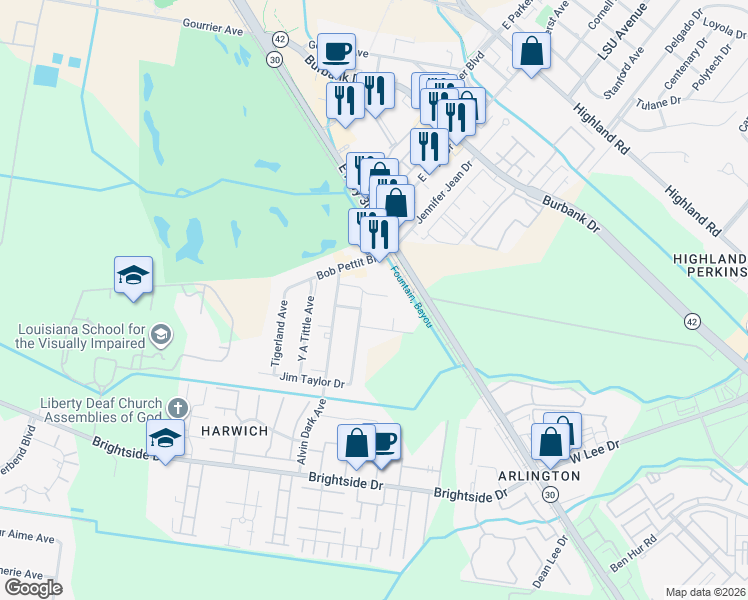 map of restaurants, bars, coffee shops, grocery stores, and more near 4445 Alvin Dark Avenue in Baton Rouge