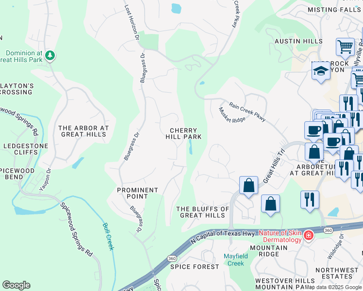 map of restaurants, bars, coffee shops, grocery stores, and more near 9201 Simmons Road in Austin
