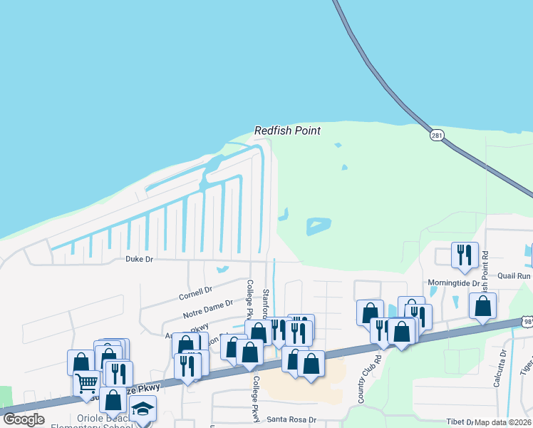 map of restaurants, bars, coffee shops, grocery stores, and more near 1636 College Parkway in Gulf Breeze