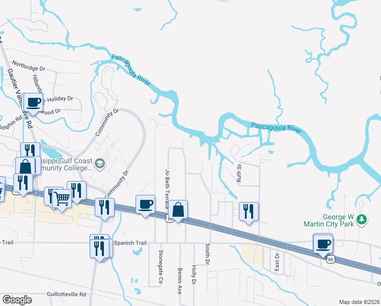 map of restaurants, bars, coffee shops, grocery stores, and more near 3607 Johnston Rd in Gautier