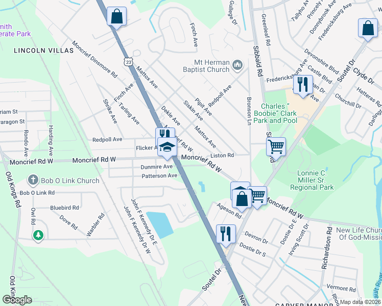 map of restaurants, bars, coffee shops, grocery stores, and more near 5736 Moncrief Road West in Jacksonville