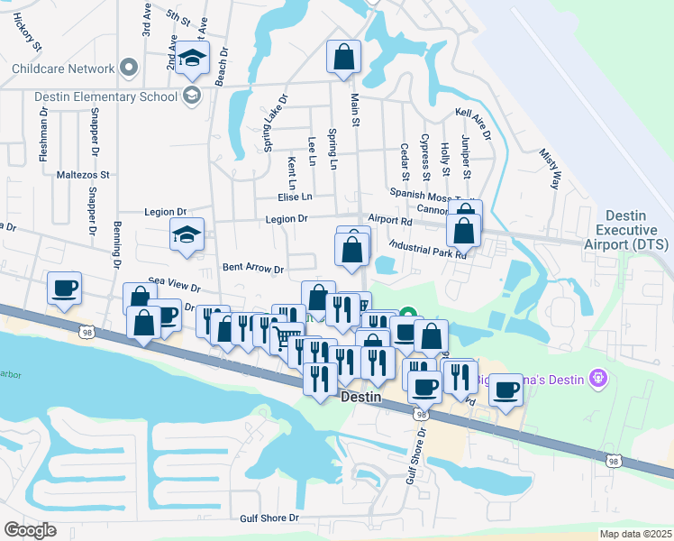 map of restaurants, bars, coffee shops, grocery stores, and more near 734 Legion Drive in Destin
