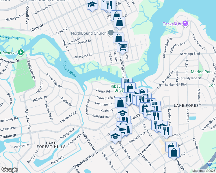 map of restaurants, bars, coffee shops, grocery stores, and more near 1469 Breton Road in Jacksonville